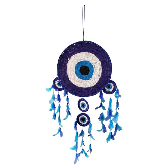 Crocheted Evil Eye Blue and White Dreamcatcher With Feathers and Beads 36" Long - Picture 6 of 8